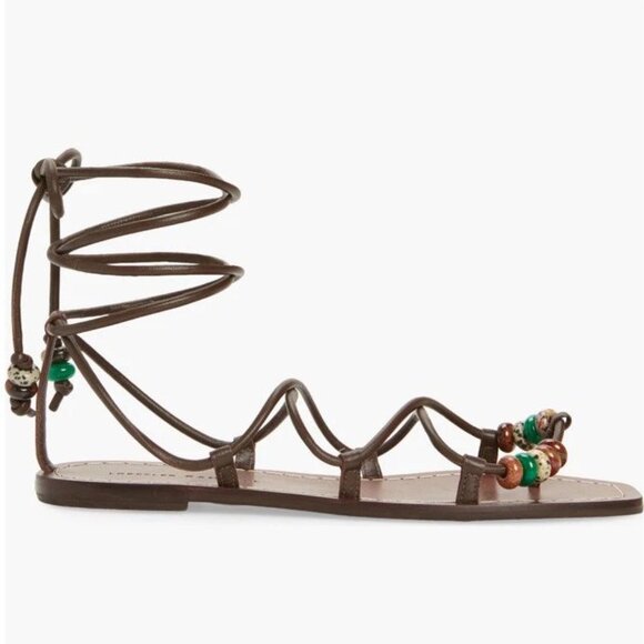 LOEFFLER RANDALL Colleen Ankle Tie Sandals Size 8.5 Brown Leather Beaded NEW - Picture 2 of 13